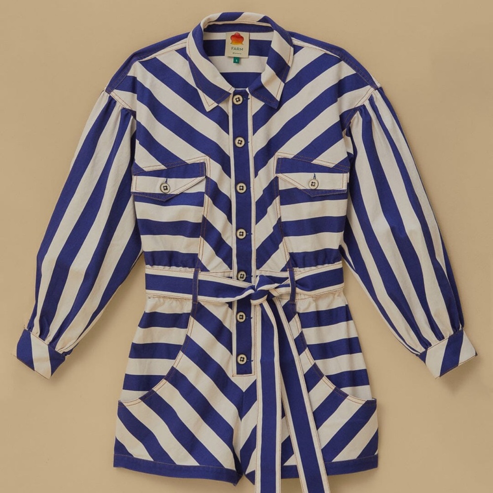 Farm rio Blue And White Stripes Romper L NWT